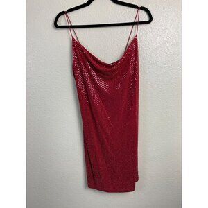 Popular Basics  drape Neck Slip Red Metallic Dress Large Disco party Cocktail